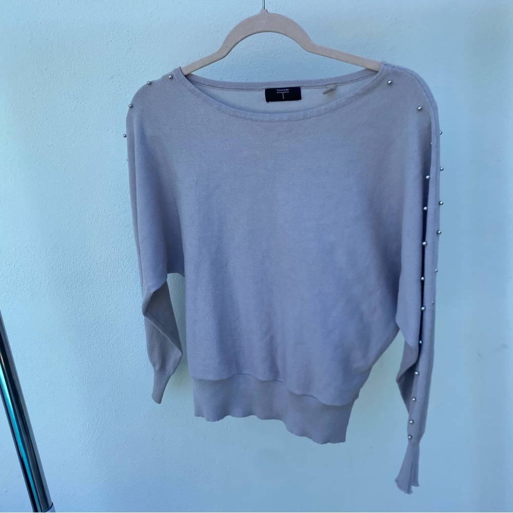Tahari Light Grey Silver Studded Boat Neck Sweater Size Medium